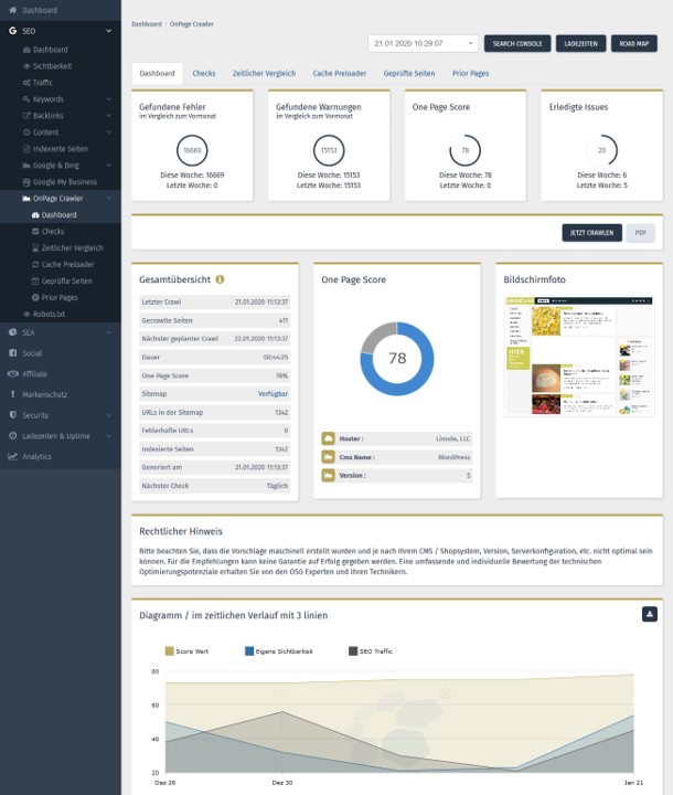 Die Ansicht des OnPage Crawlers in der OSG Performance Suite