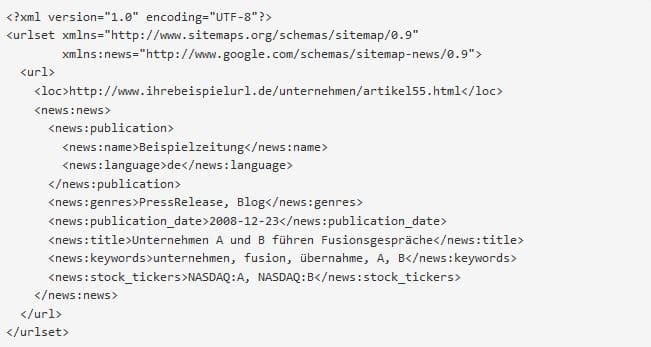 Googlebeispiel zur News Sitemap mit speziellen XML Tags