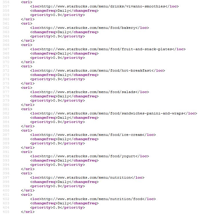 Beispiel einer XML Sitemap am Bsp. von Starbucks