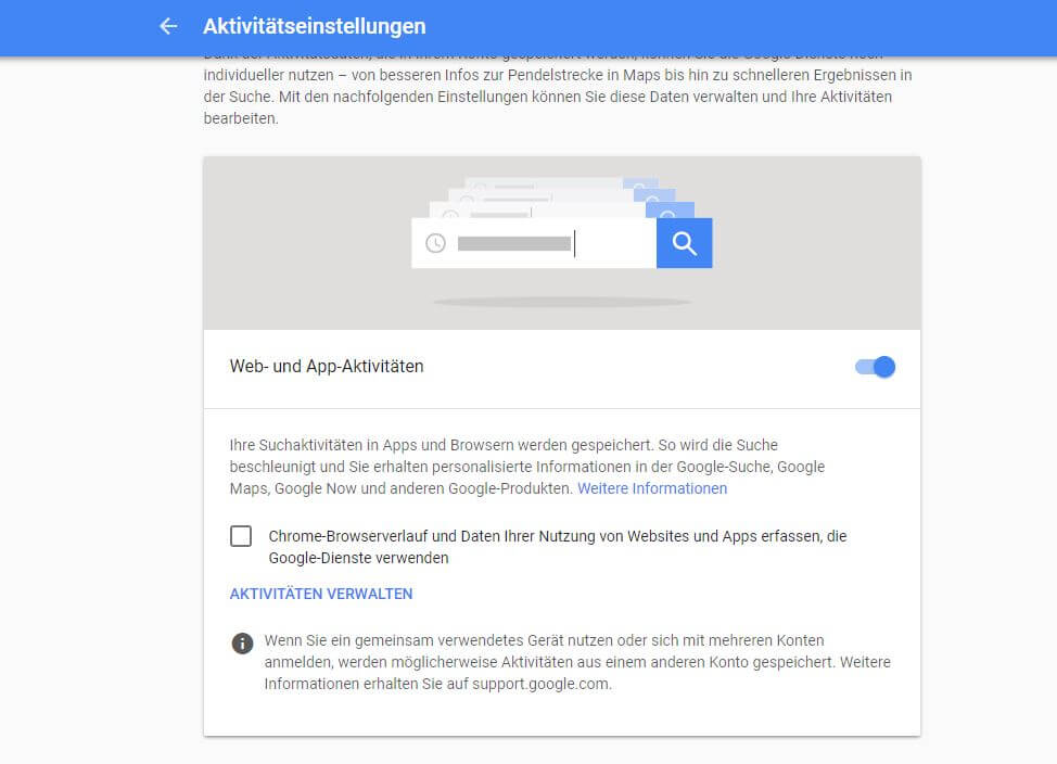 Datenverwaltung im Bereich Activitycontrol bei Google