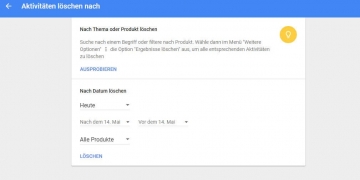 Auswahlmöglichkeiten zum Löschen der eigenen Such- und Download-Daten bei Google
