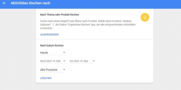Auswahlmöglichkeiten zum Löschen der eigenen Such- und Download-Daten bei Google