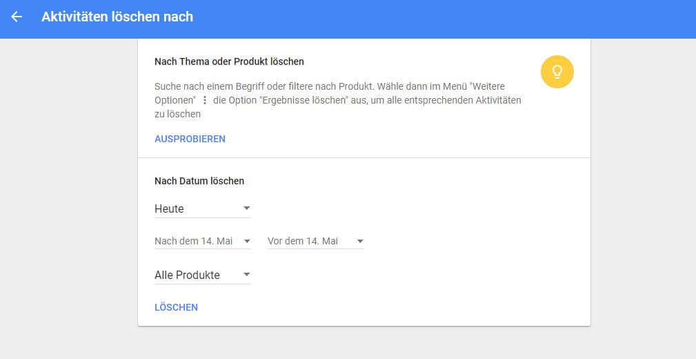 Auswahlmöglichkeiten zum Löschen der eigenen Such- und Download-Daten bei Google