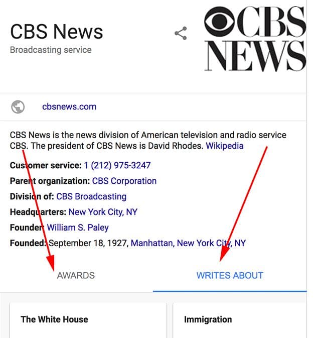 Google Publisher Knowledge Graph Panel: Awards und Writes About