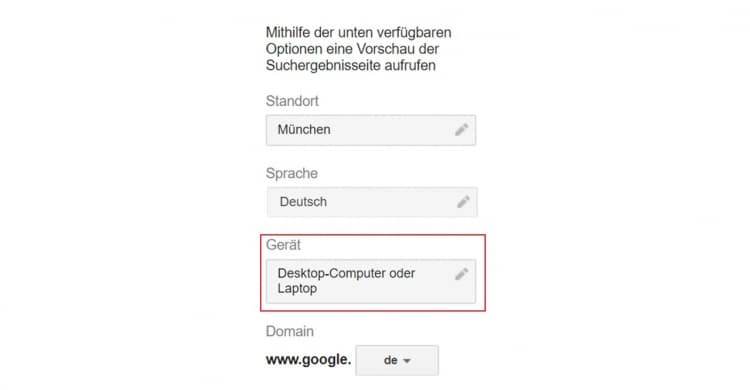 Adwords Preview Tool Gerät eingeben