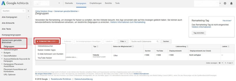 Anlegen einer Retargeting Liste in Adwords