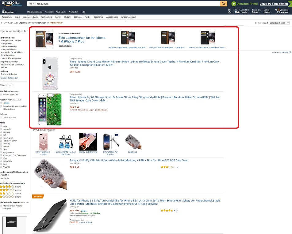Amazon Beispiel zu sponsored products über organische Suchergebnisse