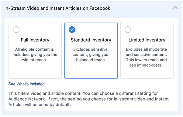 Screenshot der Optionen für den Inventory Filter auf Facebook