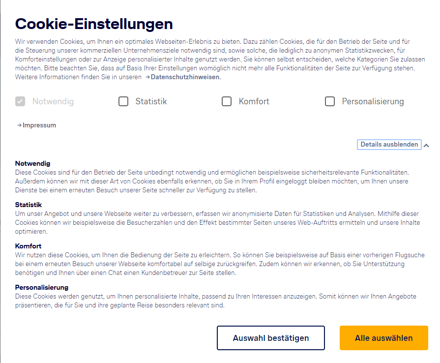 Cookie Banner Lufthansa