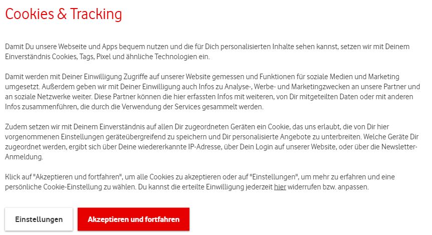 Cookie Banner Vodafone