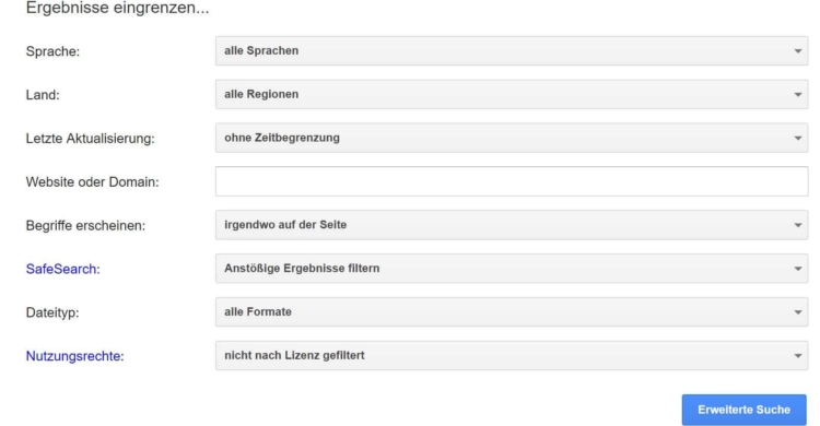 Erweiterte Suche Google