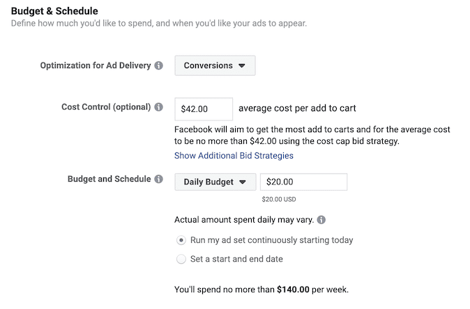 Screenshot der neuen Facebook Gebotsstrategie cost cap