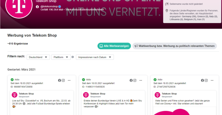 Screenshot Facebook Werbebibliothek Telekom