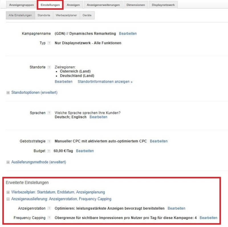 Einrichtung des Frequency Capping in Adwords