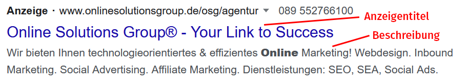 Google Ads Suchanzeige markiert |