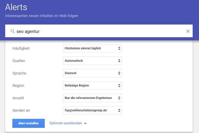 Einstellungsmöglichkeiten bei Google Alerts