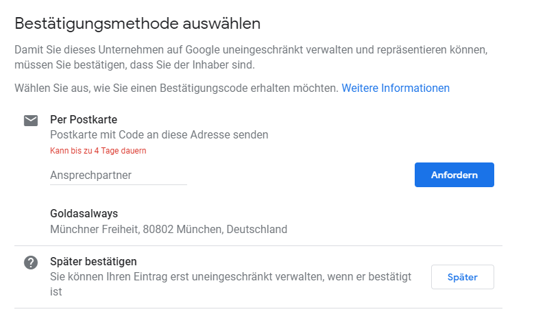 Google My Business Bestätigungsmethode auswählen