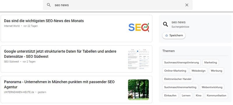 Ergebnisse bei den Google News für die Suchanfrage SEO News