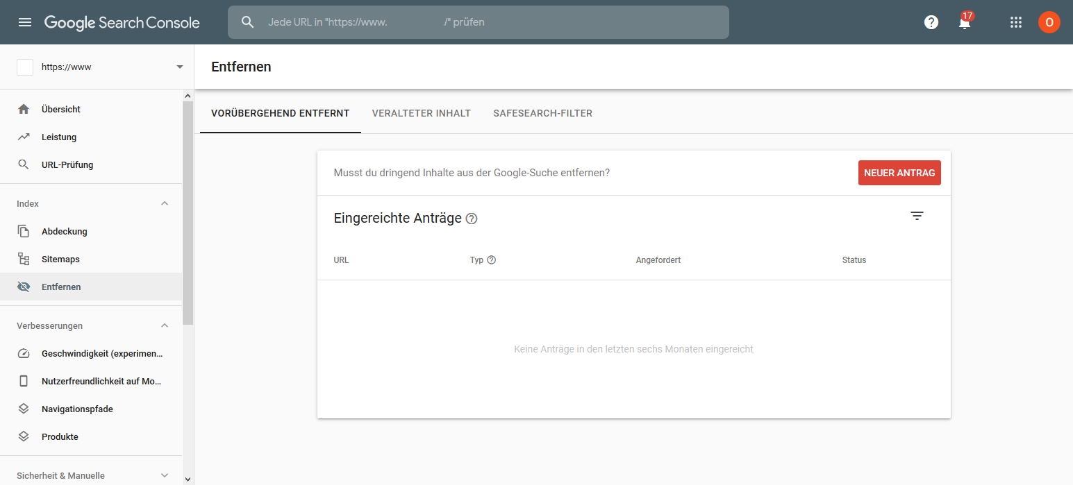 Google Search Console neue Entfernen Funktion