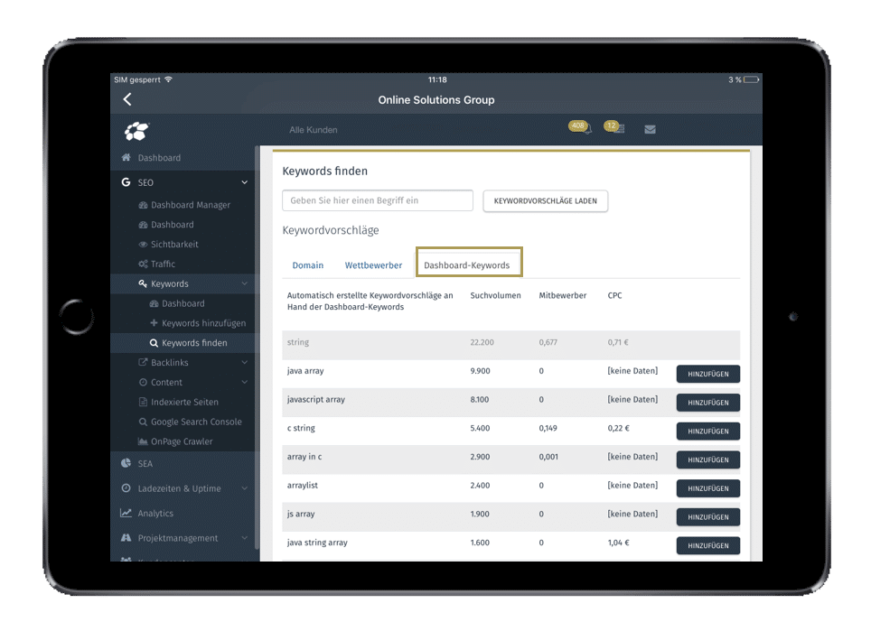 Keywords finden Dashboard