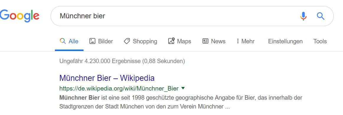 Google Suchergebnis zu Münchner Bier