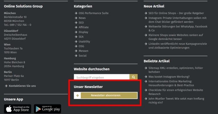 E-Mail-Marketing Tipps: Widget zum Anmelden beim Newsletter im Footer