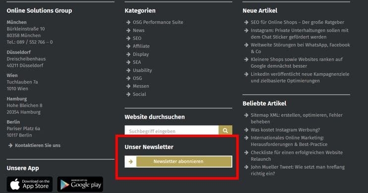 E-Mail-Marketing Tipps: Widget zum Anmelden beim Newsletter im Footer