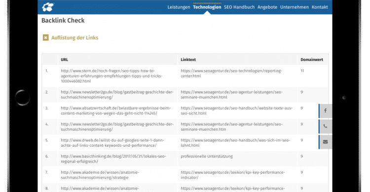 Darstellung der Ergebnisse aus dem kostenlosen OSG Backlink Check auf dem Ipad