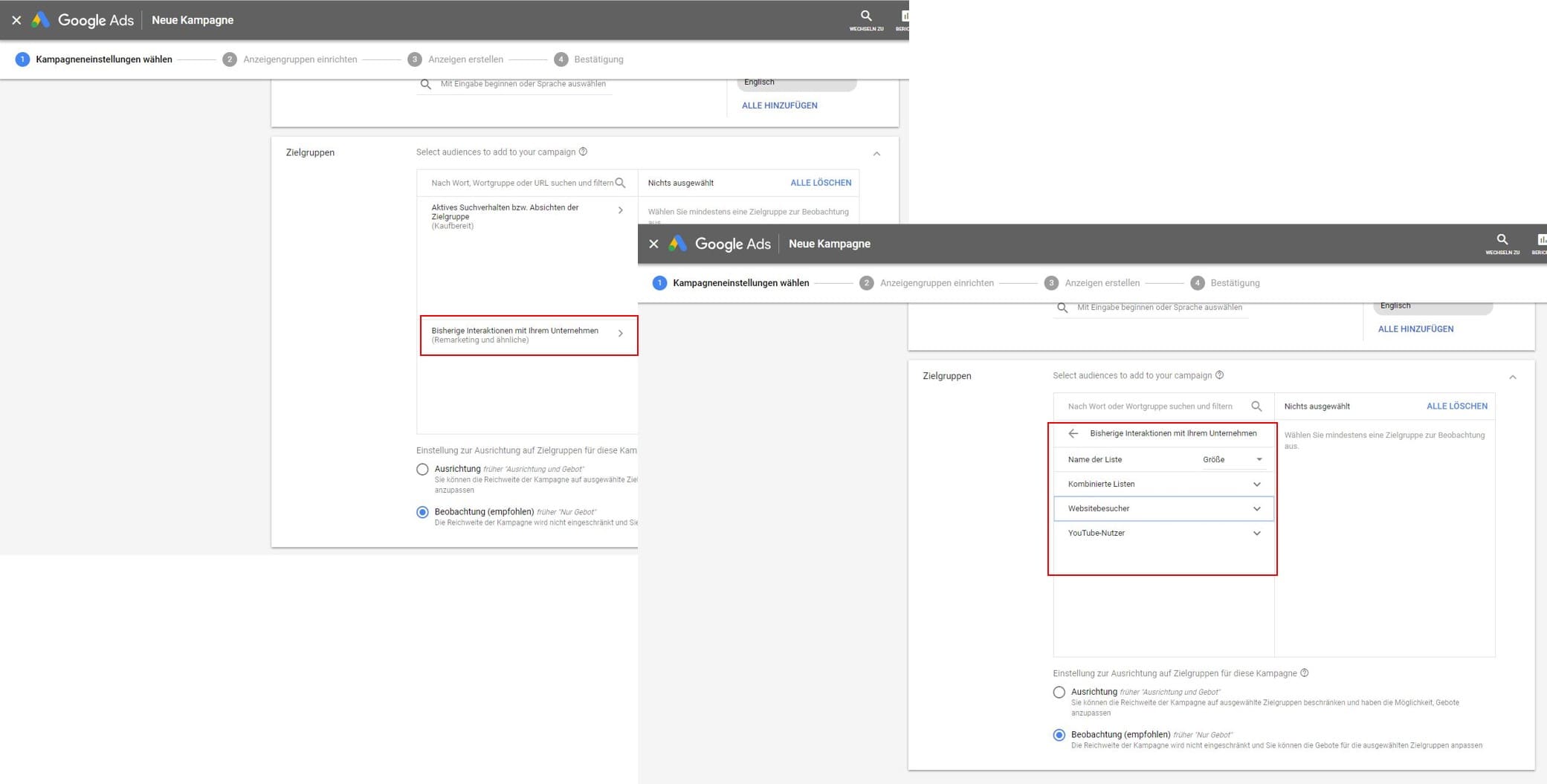 Remarketing Listen ausgewählt werden. So wird diese zu einer RLSA Kampagne.