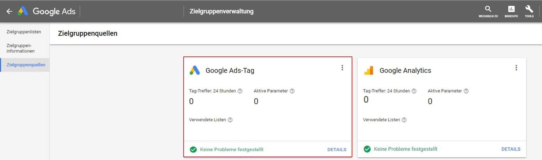 Das Remarketing Tag für RLSA Kampagnen wird in Google Ads in der gemeinsam genutzten Bibliothek eingerichtet.