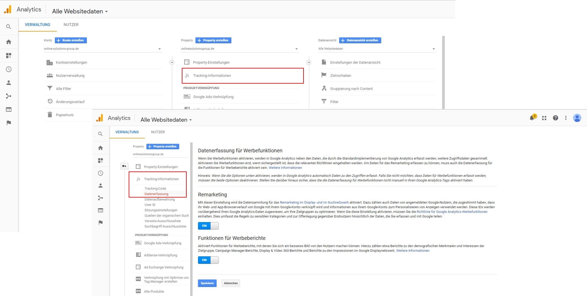 eingerichtet. Im Bereich Tracking-Informationen findet sich der Punkt Remarketing.