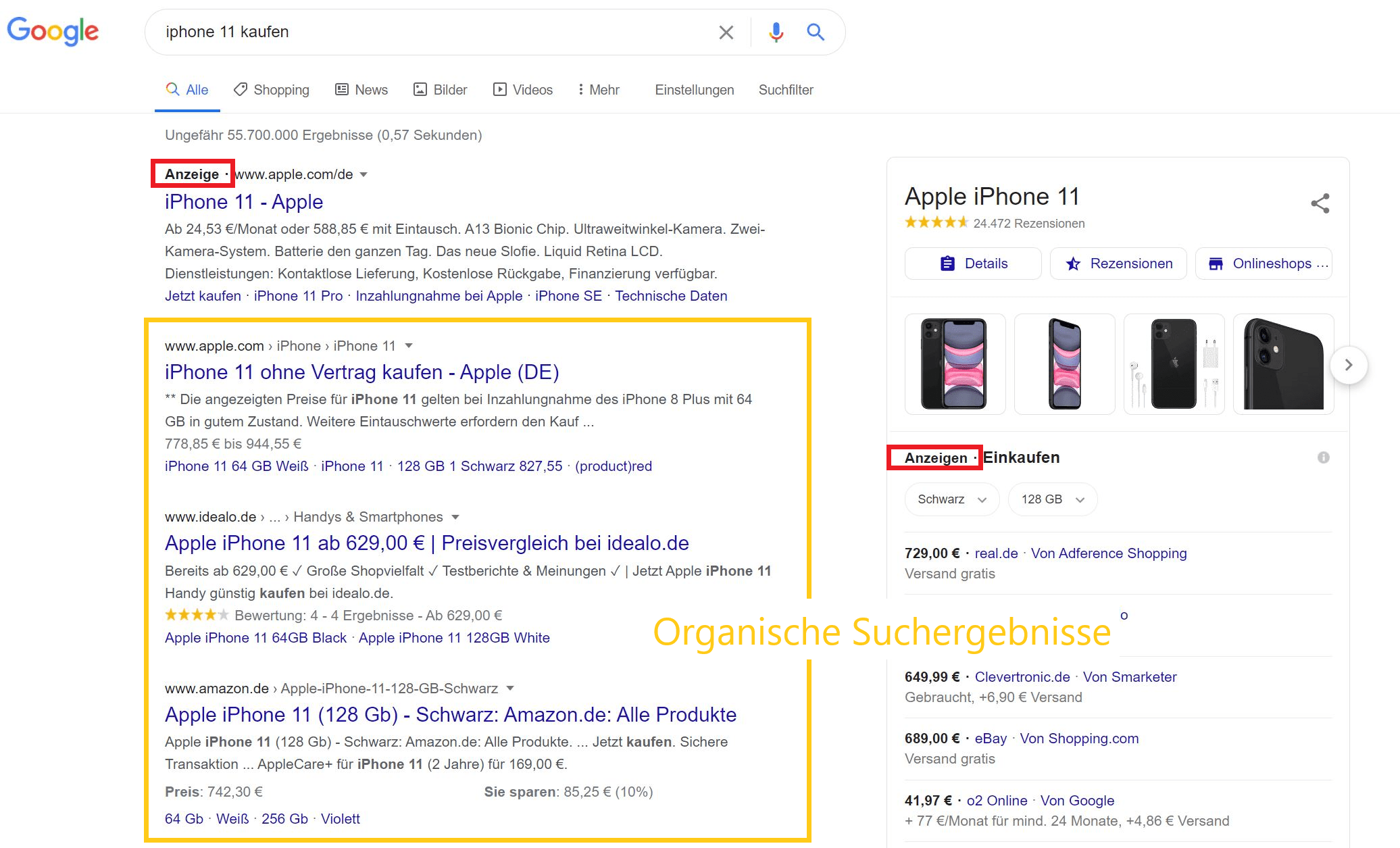 SEO Anzeige und organische Suche 