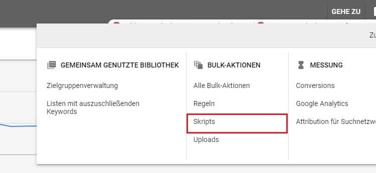 Menübersicht wie gelangt man zu Adwords Scripts