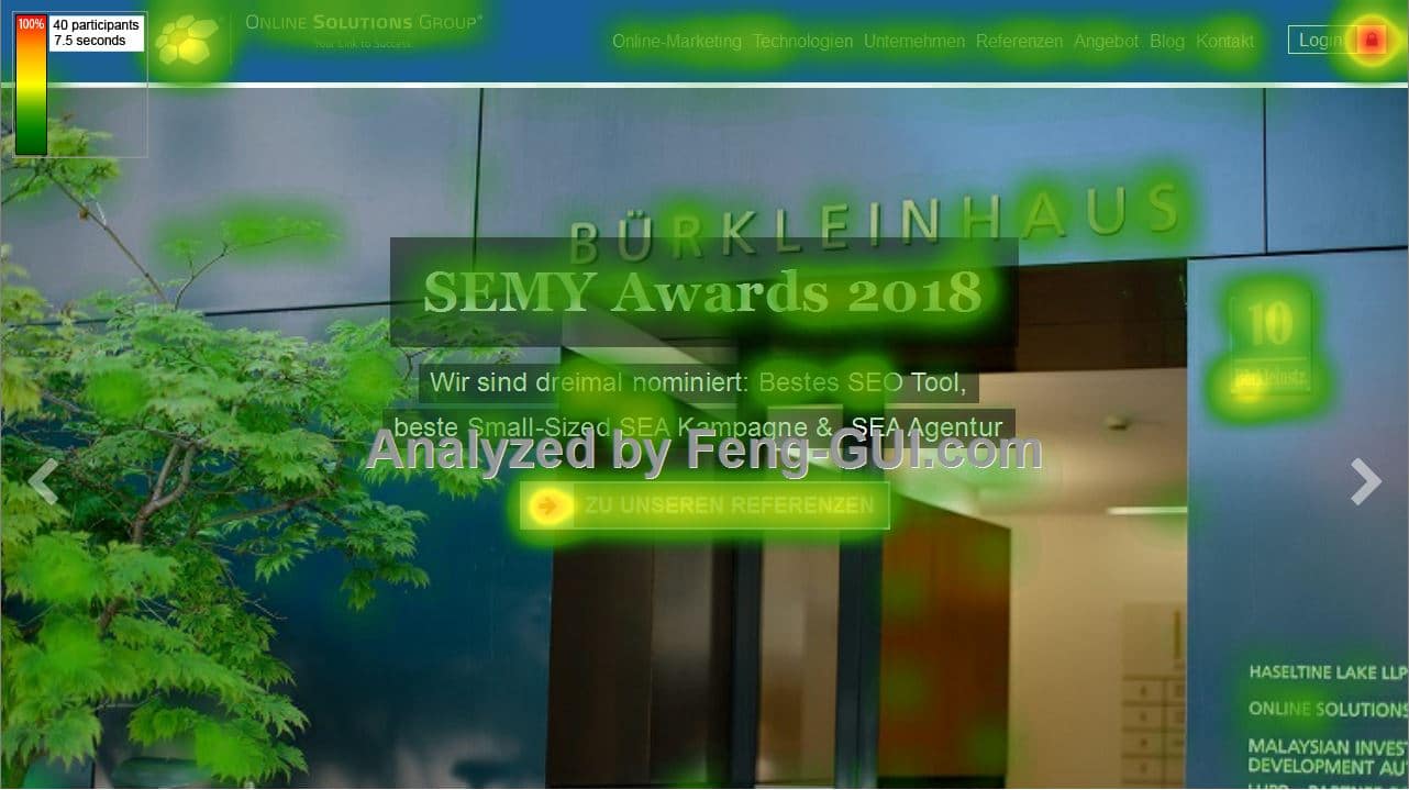 Screenshot einer Heatmap-Analyse unserer eigenen Homepage von Feng-GUI