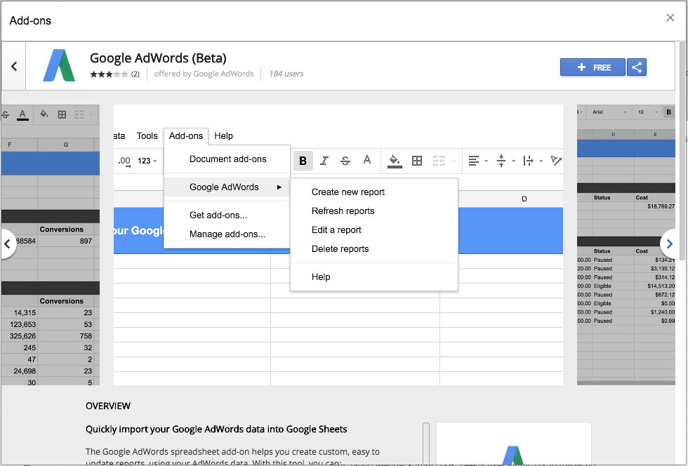 Screenshot neues AdWords Add-On in Google Sheets