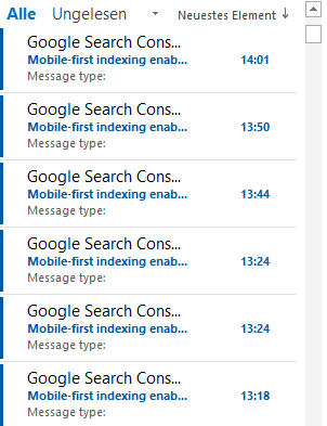 Viele Benachrichtigungen von Google zur Mobile First Indexierung_Screenshot