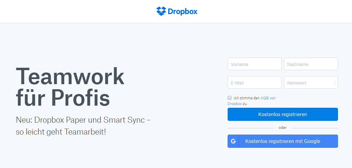 CTA auf der Startseite von Dropbox