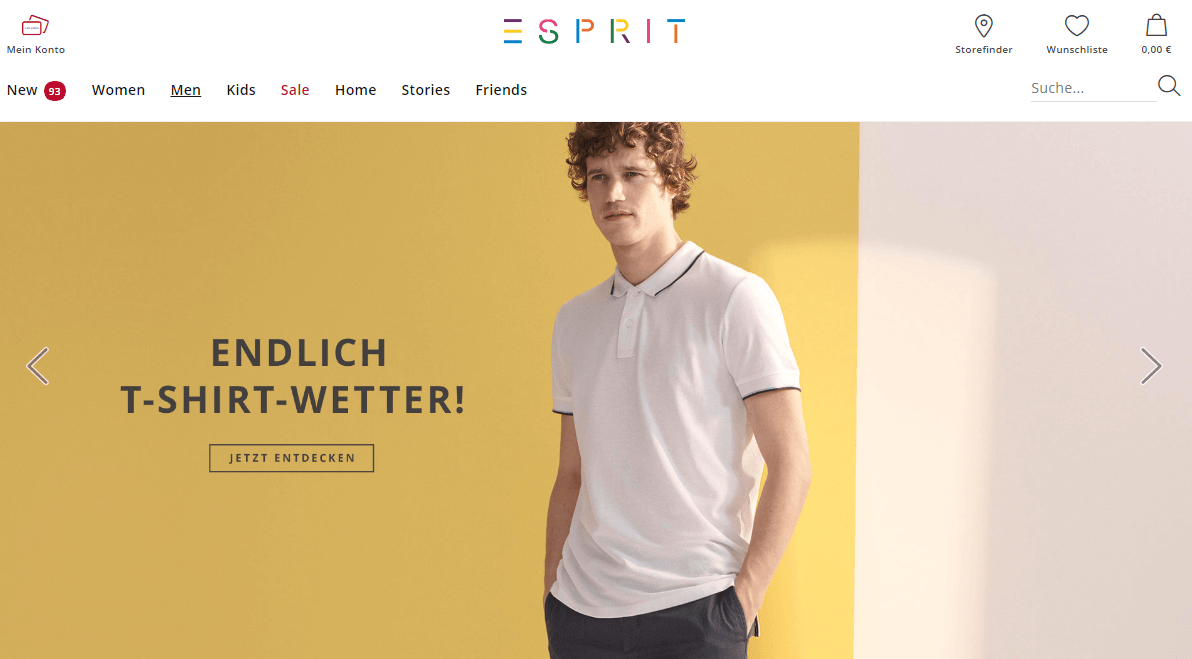 Landingpage für Herrenmode bei Esprit