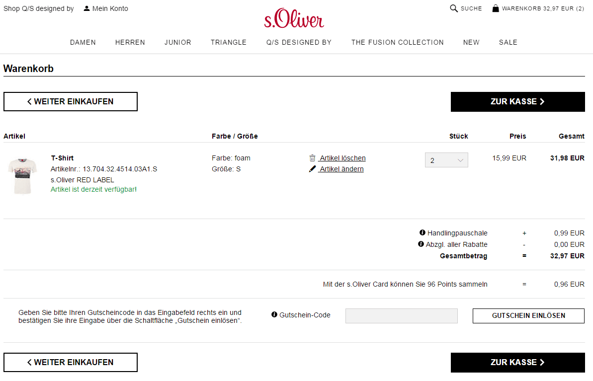 CTA in der Warenkorb-Übersicht von s.Oliver