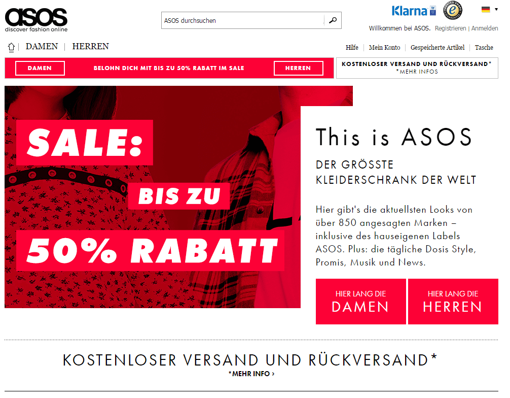 CTAs auf der Startseite von Asos