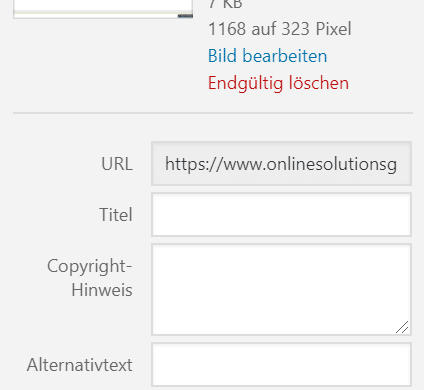 Um ein Bild in WordPress hochzuladen, muss zuerst der Copyright-Hinweis ausgefüllt werden