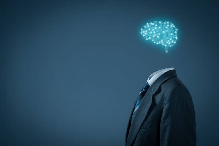 Coverbild mit einem Anzugträger, der statt eines Kopfs, ein blau leuchtendes, künstliches Gehirn trägt