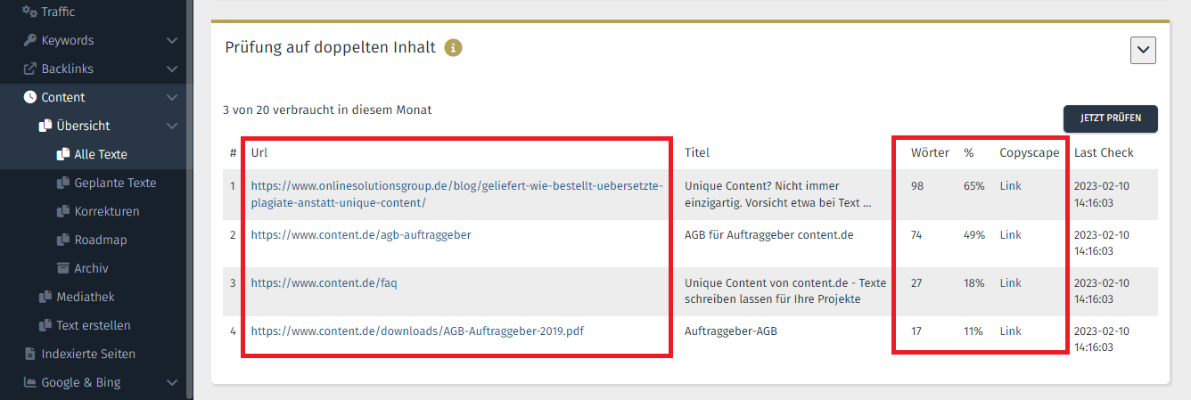Duplicate-Content-Prüfung in der Performance Suite