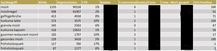 Screenshot aus einer Excel taballe über einen Suchanfragen Bericht