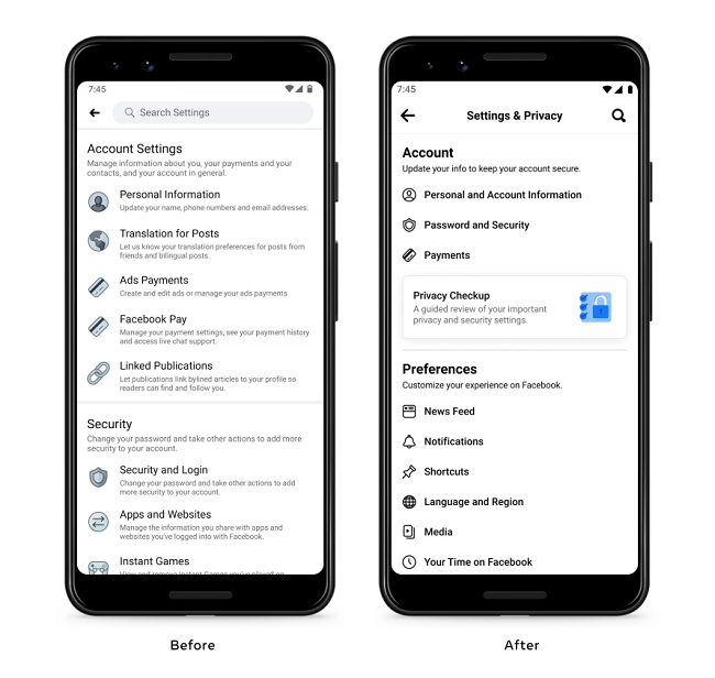 Facebook neues Design in den Einstellungen