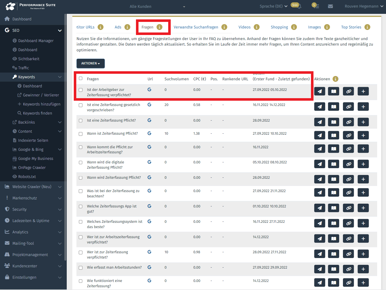 Die Performance Suite zeigt neue Fragen zu aktuellen Themen. Hier sind schon wenige Tage nach dem Urteil zur Zeiterfassung viele relevante Fragen gelistet.