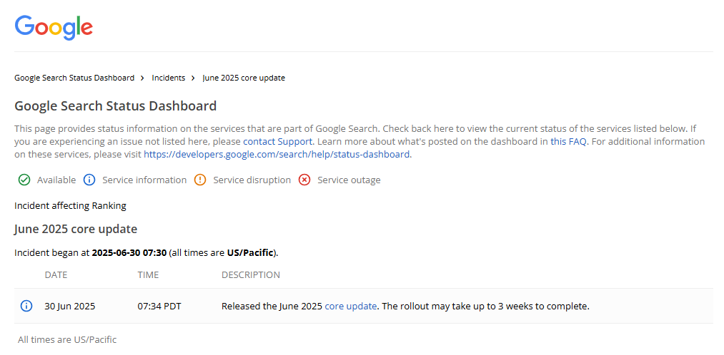 Google Search Status Dashboard: Rollout des June 2025 Core Updates