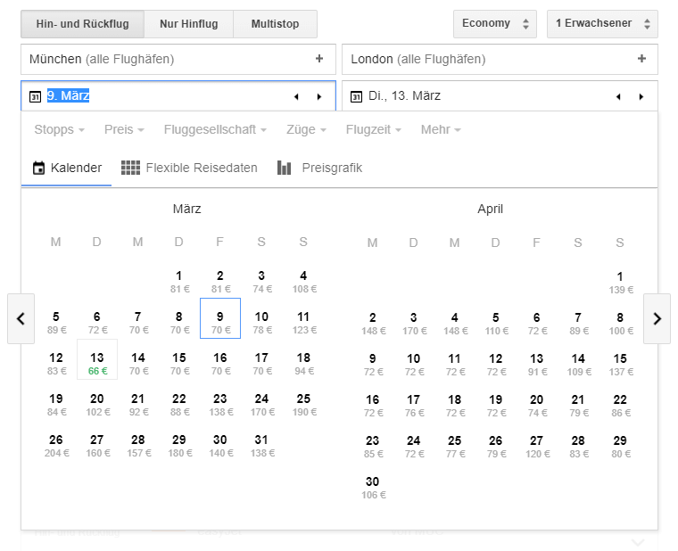 Google Flights Kalender