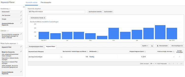 Screenshot des Google Keyword Planers mit dem Stichwort: SEO 