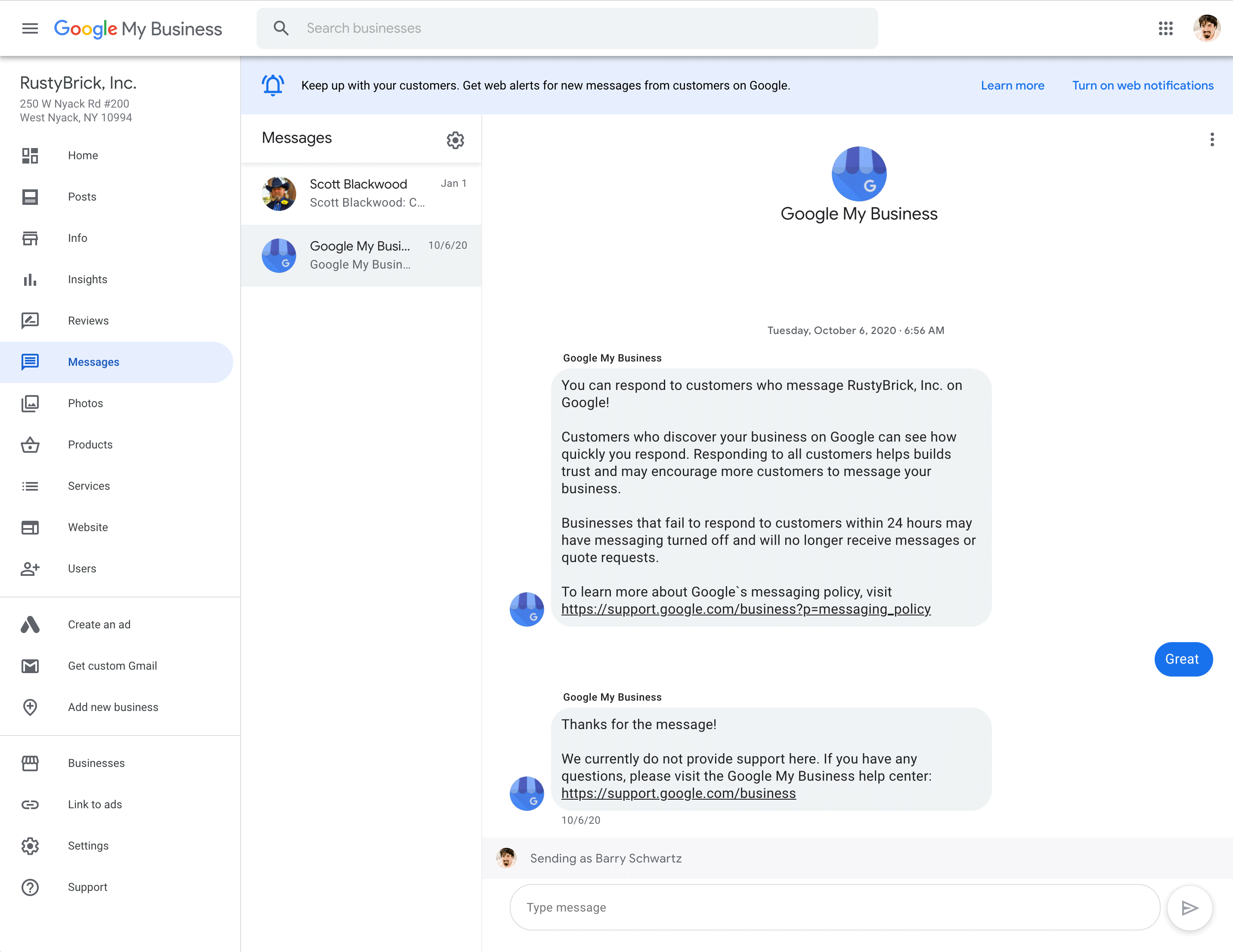 Google my Business Messaging Funktion Desktop